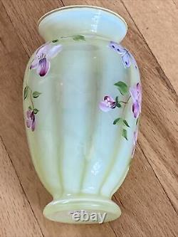 Fenton Topaz Vaseline Opalescent Vase Floral Peint À La Main