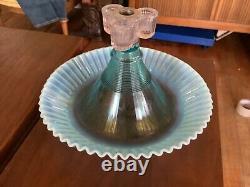 Fenton Verre Bleu Opalescent Epergne Bowl 4 Lily Horn Vases Vintage