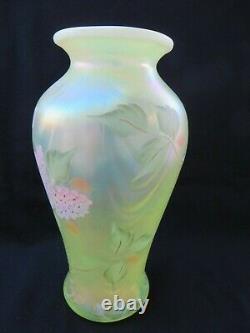 Fenton Yellow Topaz Vaseline Opalescent Drapery Vase HP Hydrangeas Butterfly 9,5