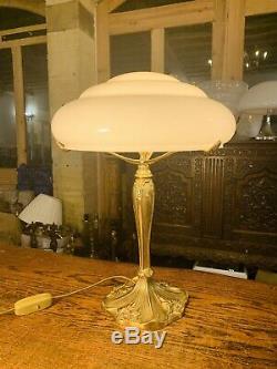 Glass Table Lamp Vintage Bronze Massif Lait Et Opaline, Art Déco, Art Nouveau