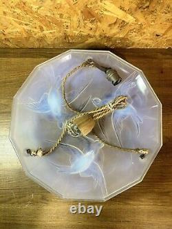Grand Lustre de Suspension en Verre, Ezan France, Art Déco Opalescent, Décor Les Oiseaux