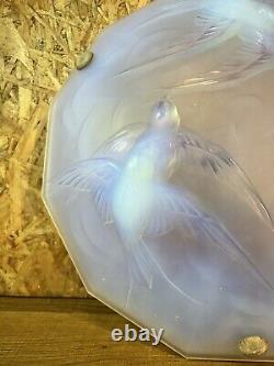 Grand Lustre de Suspension en Verre, Ezan France, Art Déco Opalescent, Décor Les Oiseaux