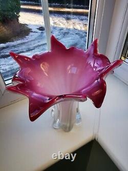 Grand vase en verre d'art opalescent vintage Murano rose, blanc et transparent en forme libre