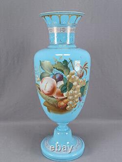 Harrach Bohême Main Énommée Panier D'opaline Bleu Fruit 17 1/8 Inch Vase