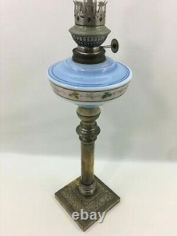 Lampe À Huile Antique Kosmos Brenner Art Nouveau / Métal Et Opaline Blue Glass