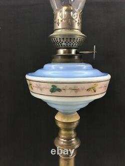 Lampe À Huile Antique Kosmos Brenner Art Nouveau / Métal Et Opaline Blue Glass