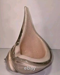 Lg Vintage Italien Murano Opaline Rose Paillettes en Or Bol en Verre en Forme de Coquillage