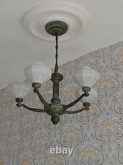 Lustre Vintage Français à Abats-jours en Verre Opalin 5 Bras