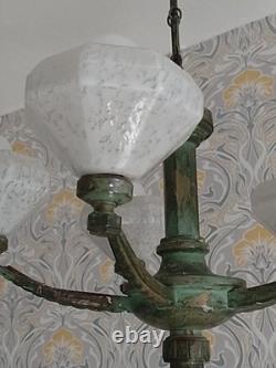 Lustre Vintage Français à Abats-jours en Verre Opalin 5 Bras