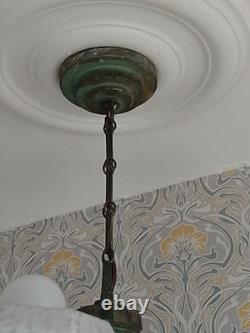 Lustre Vintage Français à Abats-jours en Verre Opalin 5 Bras