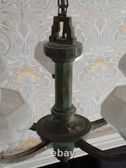 Lustre Vintage Français à Abats-jours en Verre Opalin 5 Bras