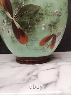 Mat Vert Victorien Vase En Verre Bristol Fleurs Peintes À La Main Antique Opaline
