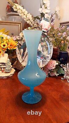 Menthe! Vintage Retro MID Century Empoli Vase En Verre Bleu Italien Et Opaline