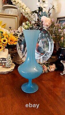 Menthe! Vintage Retro MID Century Empoli Vase En Verre Bleu Italien Et Opaline