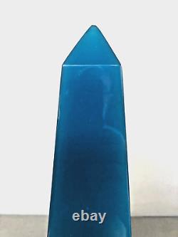 Obélisque en verre opalescent bleu français ancien rare sur base en bois