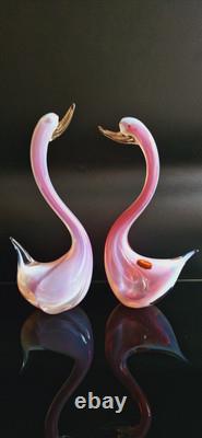 Oiseaux en verre opalin rose Archimede Seguso Murano avec feuilles d'or