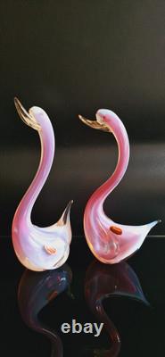 Oiseaux en verre opalin rose Archimede Seguso Murano avec feuilles d'or