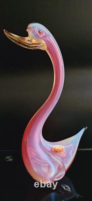 Oiseaux en verre opalin rose Archimede Seguso Murano avec feuilles d'or