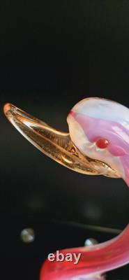 Oiseaux en verre opalin rose Archimede Seguso Murano avec feuilles d'or