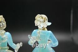 Pair Vintage Murano Or Poussière Aqua Opalescent Verre Danseur Courtier Figurines