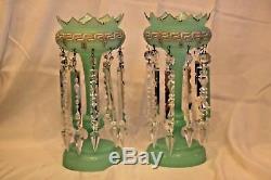Paire Antique Français Vert Opaline & Gilt & Cut Verre Mantle Vases Lustres