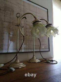 Paire De Lampe En Bronze Art Déco. Tulipe Opalescente. Uranium, Verre Vaseline