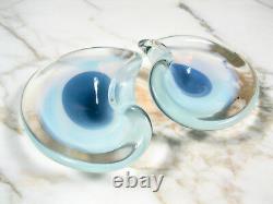 Paire MID Century Murano Opaline Art Glass Bull's Eye Bowls Blue Opaline Sommerso
