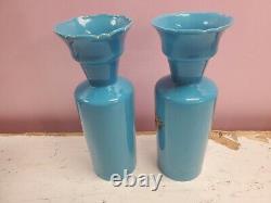 Paire assortie de vases en verre d'art opalin français du 19ème siècle, bleu canard, 11 pouces