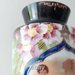 Paire d'antiques vases en verre opaline émaillée peints à la main de Murillo 12 pouces RARE