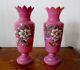 Paire De Vases En Verre Opalin Rose Antique