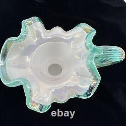Pichet Melon en Opalescent Irisé Fenton Français avec Crête Verte signé L. Everson