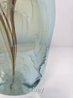 Presse-papier en verre artistique Bill Slade bleu signé daté oiseau opalescent