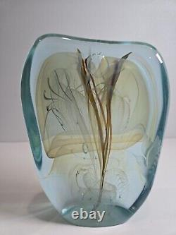 Presse-papier en verre artistique Bill Slade bleu signé daté oiseau opalescent