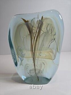 Presse-papier en verre artistique Bill Slade bleu signé daté oiseau opalescent