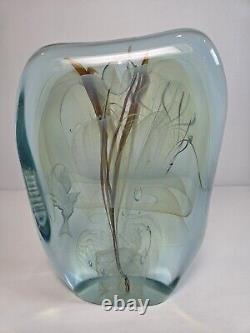 Presse-papier en verre artistique Bill Slade bleu signé daté oiseau opalescent