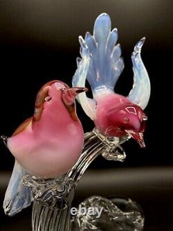 R Anatra Signé Murano Italien Art Verre Rose Blanc Oiseaux Perchés Opalescentes
