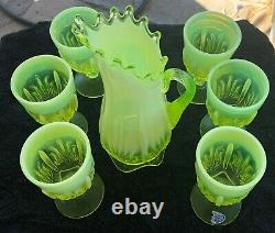 Rare Fenton Cactus Topaz Opalescent Vaseline Glass Pitcher & Six Goblets Limited