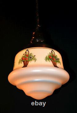 Rare Véritable 1930 Art Déco Opaline Milk Glass Schoolhouse Pendentif Lanterne Légère