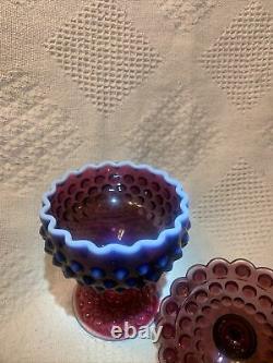 Rare Vintage Fenton Verre Prune Opalescent Hobinail Couvert Candy Dish Magnifique