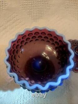 Rare Vintage Fenton Verre Prune Opalescent Hobinail Couvert Candy Dish Magnifique