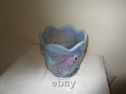 Rareté Fenton Bleu Opalescent Vase Poisson Koi Peint à la Main Signé Étiquette USA XLNT