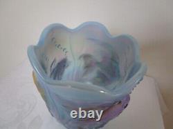 Rareté Fenton Bleu Opalescent Vase Poisson Koi Peint à la Main Signé Étiquette USA XLNT