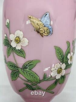 SUPERPOSITION ROSE VASE EN VERRE OPALINE BLANC 11 Peint à la main Papillon avec Fleurs