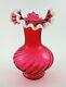 Snowcrest Cranberry Swirl Art Verre 7.5 Vase Opalescent Ruffled Edge Fenton
