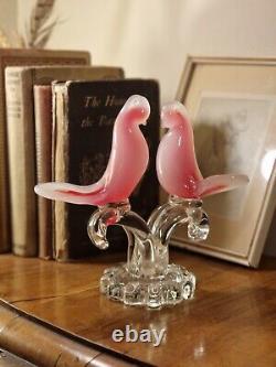 Striking Vintage Murano Italien Art Glass Rose Opaline Oiseaux Sur Branche Figurine