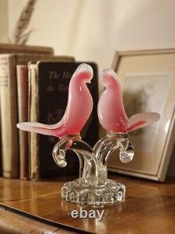 Striking Vintage Murano Italien Art Glass Rose Opaline Oiseaux Sur Branche Figurine
