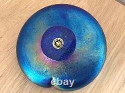 Superbe Verre Bleu Opalescent De John Ditchfield Lilypad & Silver Frog Paperweight