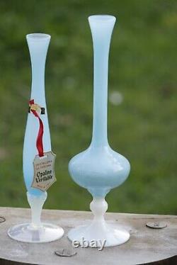 Un Beau Lot De 2 Blue Opaline Stem Vases En Verre Italien 70s MCM 26cm/24cm