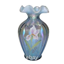 Vase Fenton Ruffled Opalescent Bleu Vintage Peint à la Main Fleurs S. Stephens