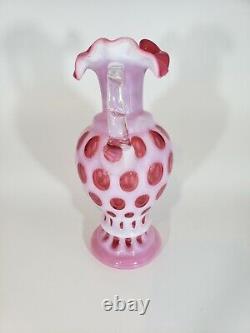 Vase Opalescent De Pièce De Canneberge Fenton 9 Vintage Avec Poignée Claire